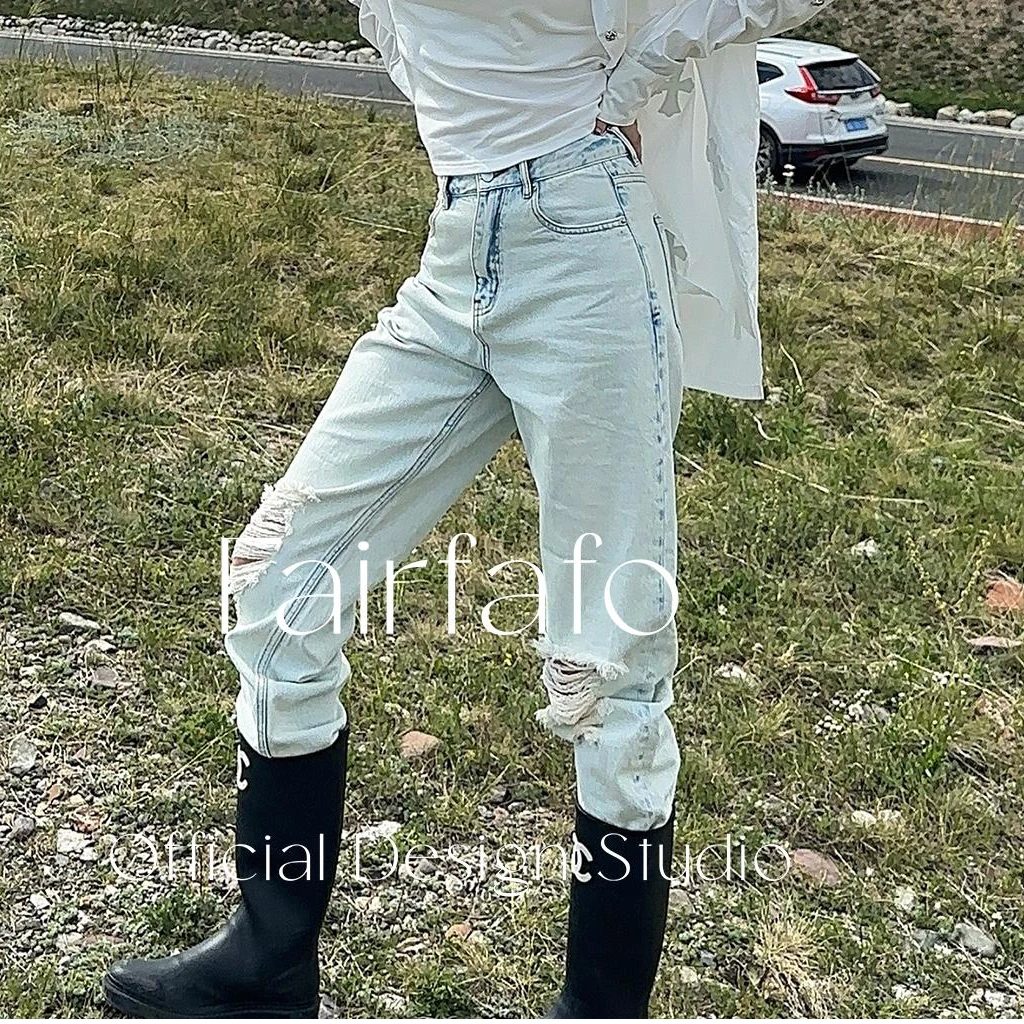 【破洞冰蓝牛仔裤】XWKZ56216新款舒适百搭户外出片破洞潮款牛仔裤