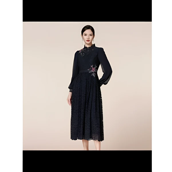 【古色.广府】SUSSI/古色24黑色红蕾丝刺绣轻奢宴会收腰气质连衣裙