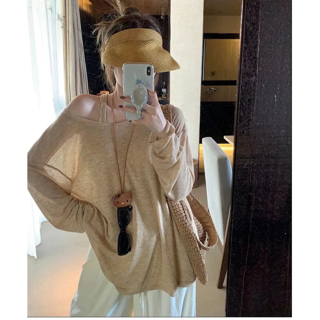 2025防晒真两件慵懒风工字背心微透宽松长袖上衣女温柔气质上衣
