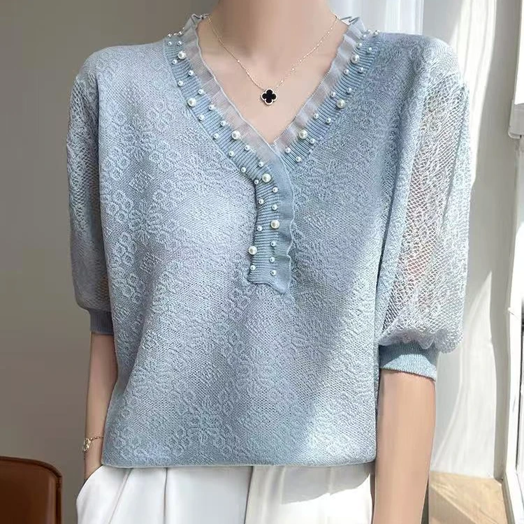 【葛行长精选】木耳蕾丝花边女式甜美V领短袖印花针织短袖T恤NSY159