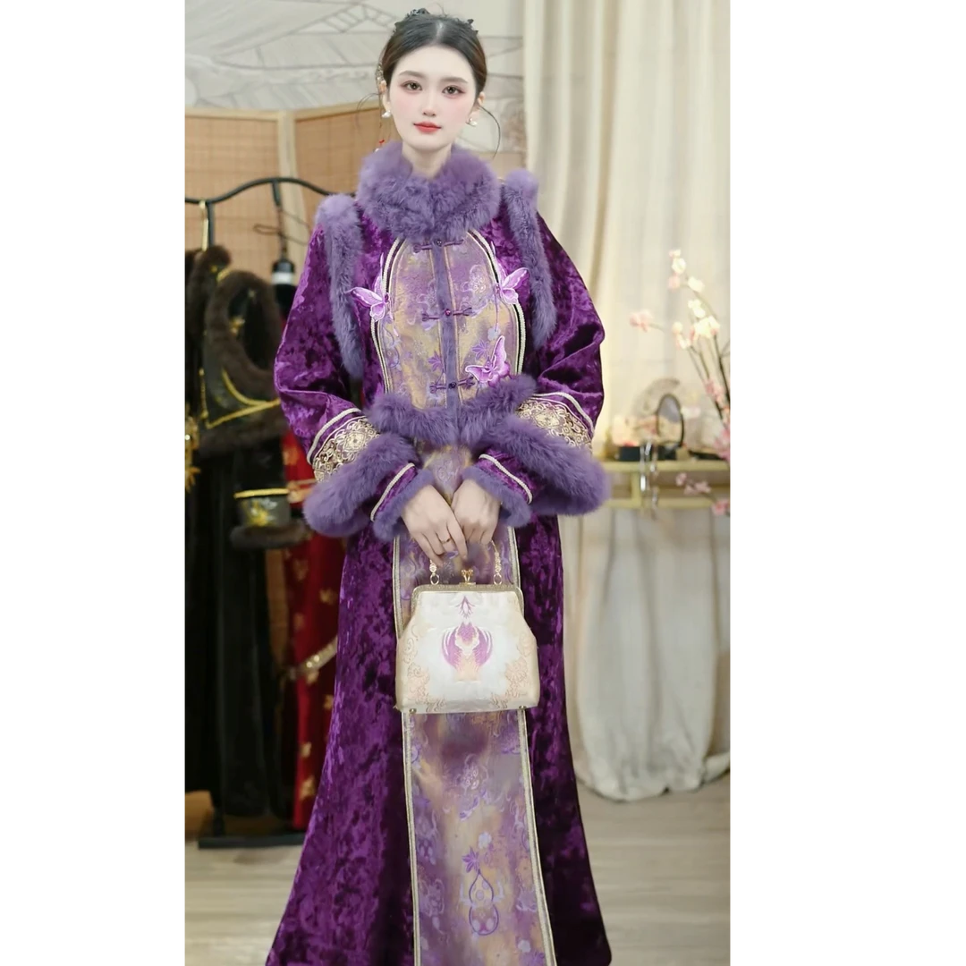 花无雪2025冬季新款紫色民族风加绒复古新中式女套装（5478+5488）
