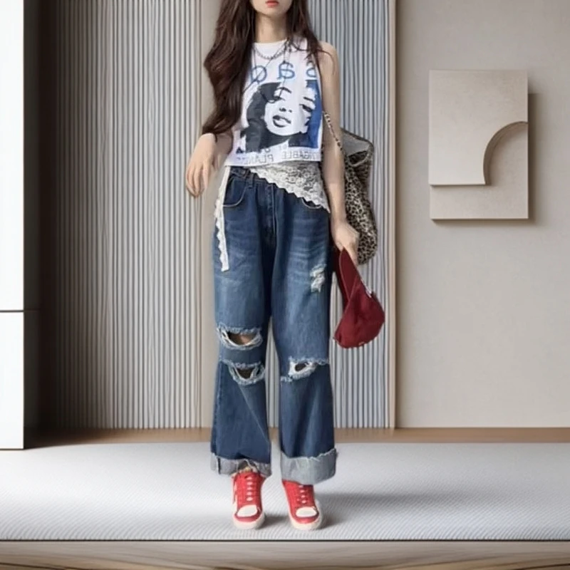 2025夏季新款街头潮流辣妹无袖宽松印花T恤洋气破洞牛仔裤时尚女