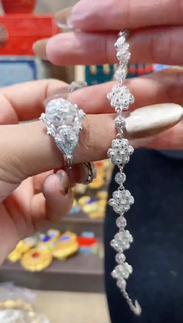 【闪购商品】非遗花丝镶嵌素银堆松手链加转戒指