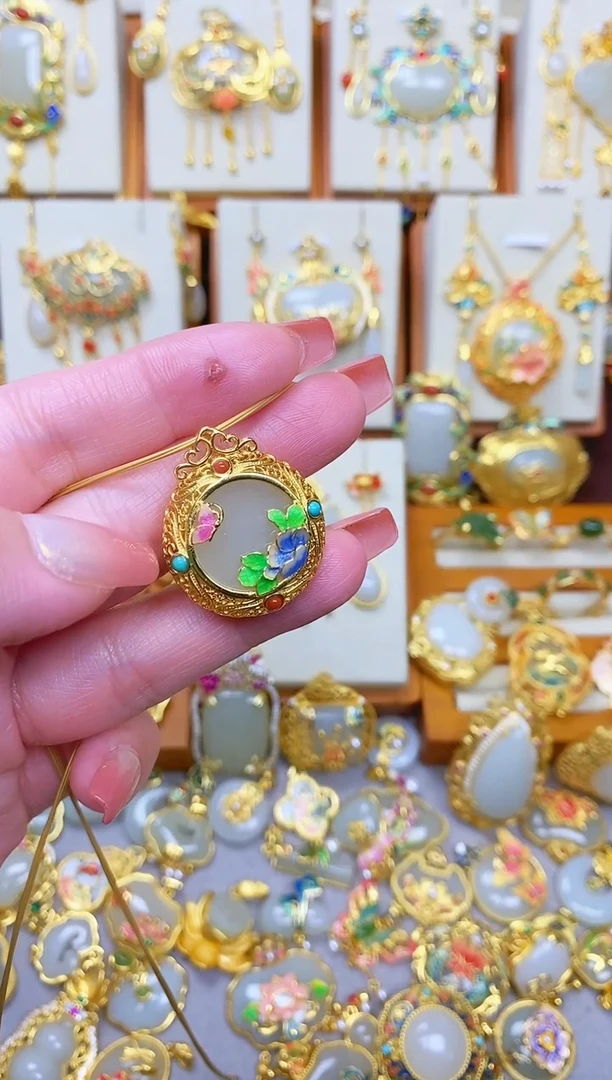 颈饰银S925镀金镶嵌和田玉1