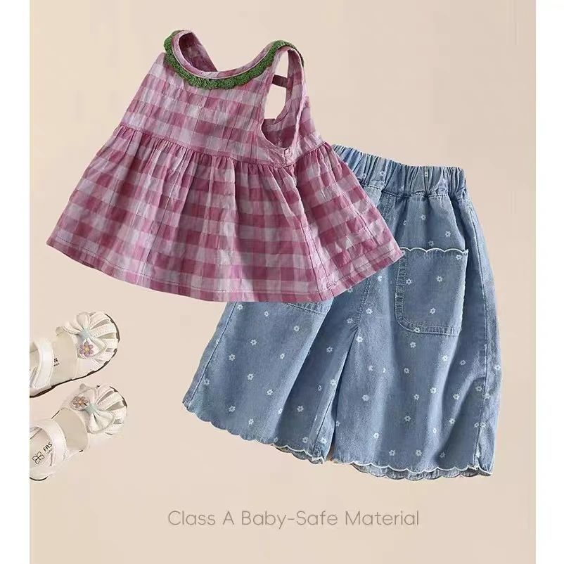 女童夏装韩系洋气宝宝甜美休闲薄款无袖格子两件套