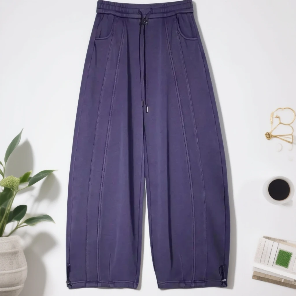 秋冬女款加绒松紧腰阔腿休闲长裤显瘦百搭