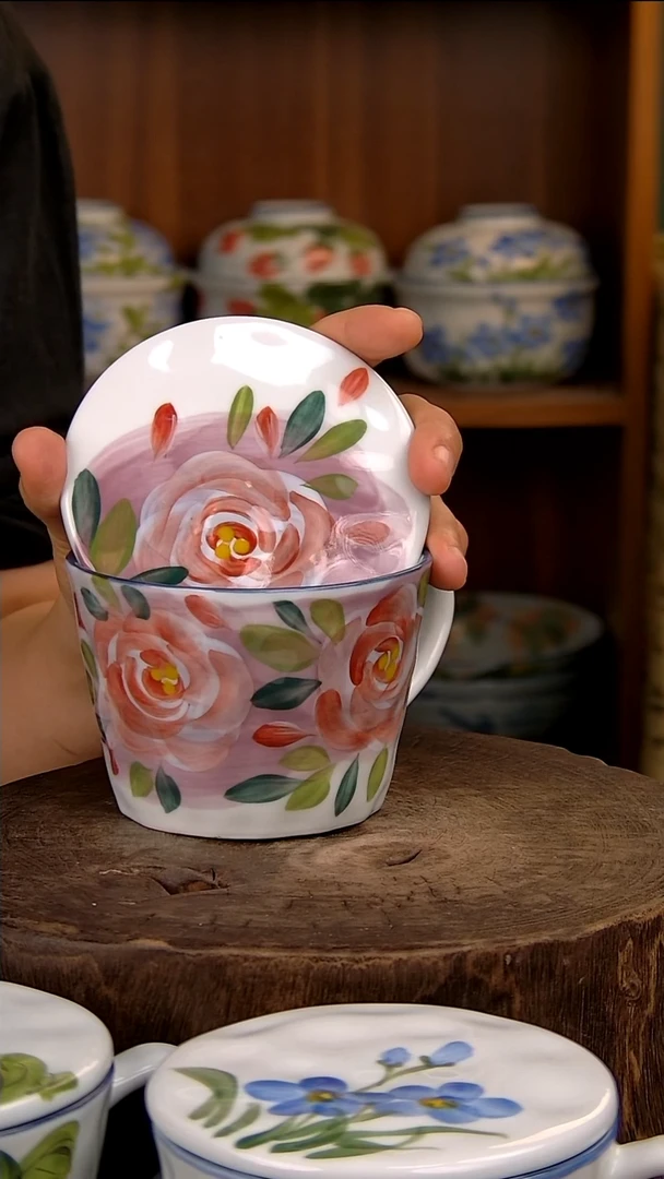 瓷片高白锤纹盖杯-油画玫瑰