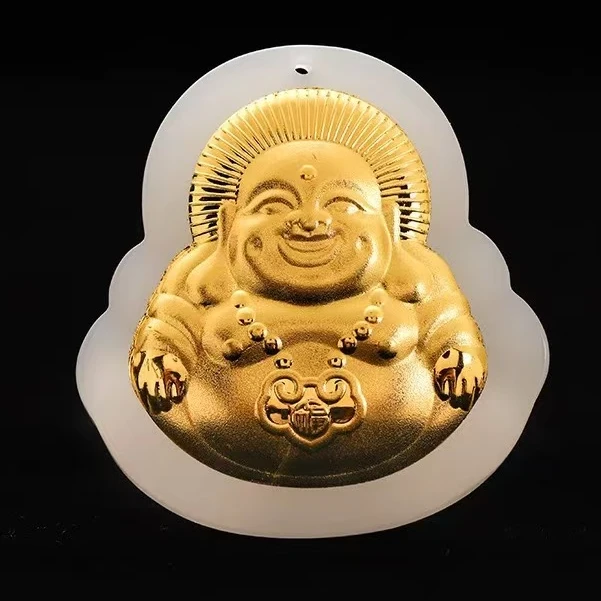 金镶玉吊坠 足金【弥勒佛玉坠】时尚项链男女情侣款手工百搭气质