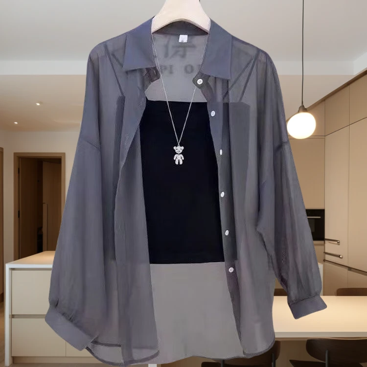 纯色落肩袖户外女装宽松型衬衫防晒上衣休闲长袖时尚百搭夏季薄款