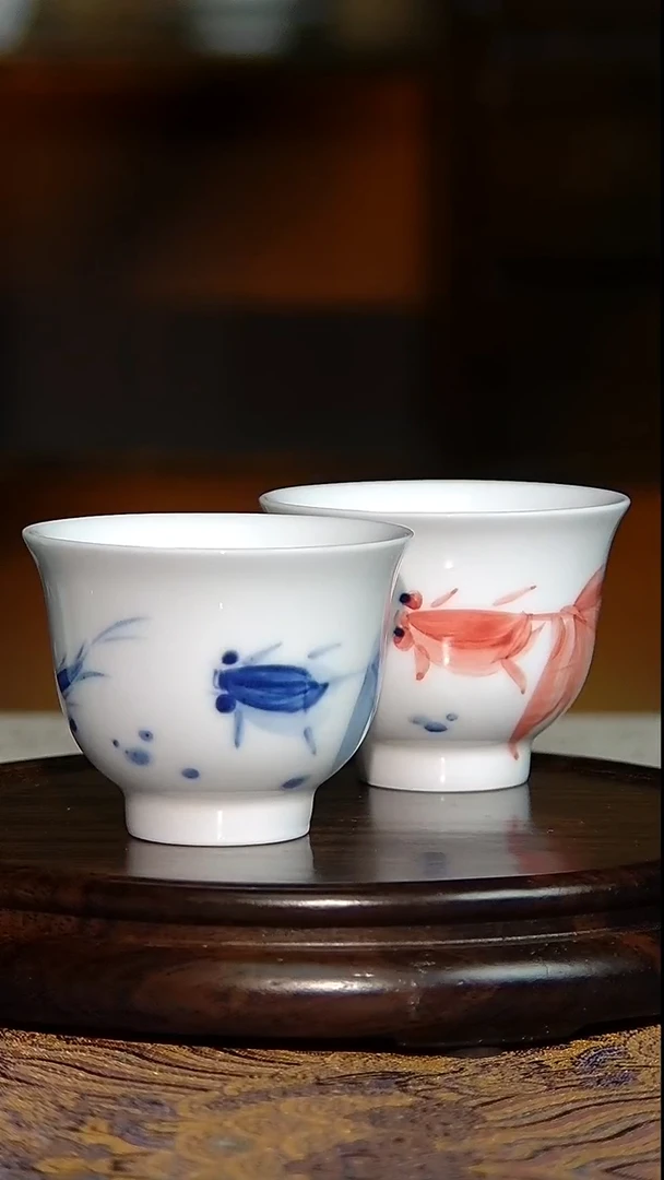 景德镇手绘青花加彩金玉满堂对杯