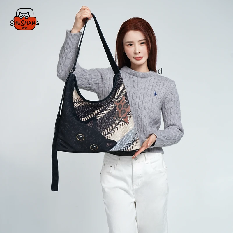 Shushang【黑煤球】百搭毛绒印花单肩托特包休闲包可折叠包包