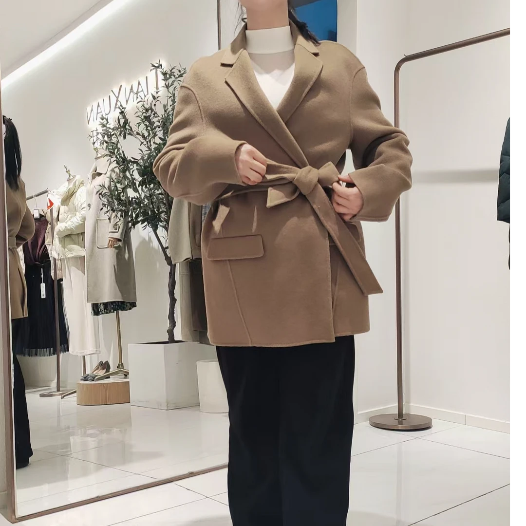 天轩秋冬羊毛气时尚百搭腰带大衣毛呢双面翻领简约外套TFDE484