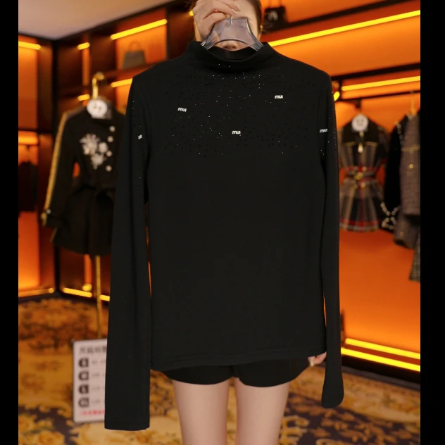 【DF】女长袖烫钻堆堆领半高领修身型T恤休闲风欧美风9966