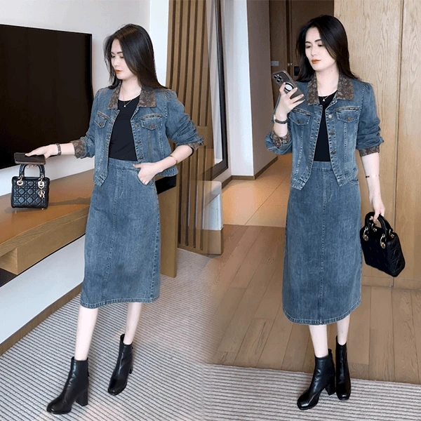 休闲时尚牛仔套装女2025秋季新款小个子短外套假两件连衣裙两件套