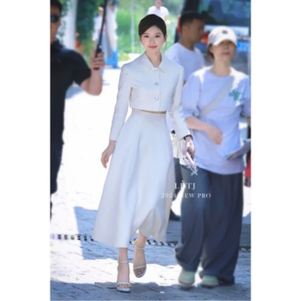 高定"露思小姐"许妍同款法式小香风白色富家千金长裙外套两件套