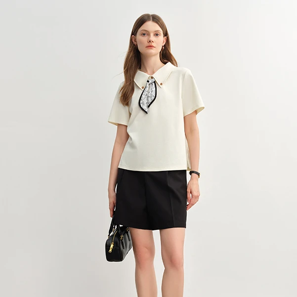独束大码女装腰果花丝巾T恤POLO领短袖宽松减龄显瘦T恤25DS82918