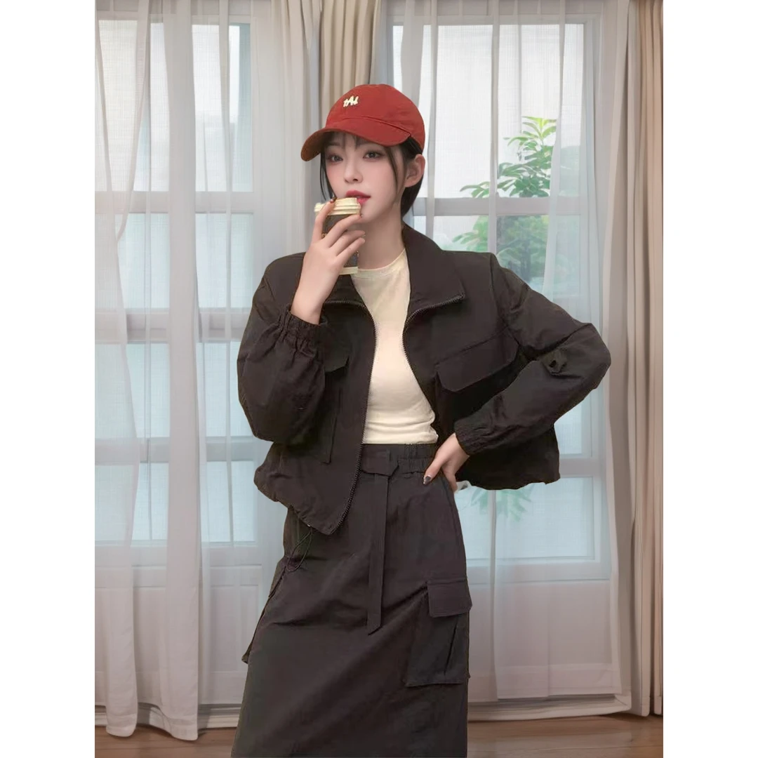 大宝家工装短款外套套装女春季新款美式半身裙两件套7268