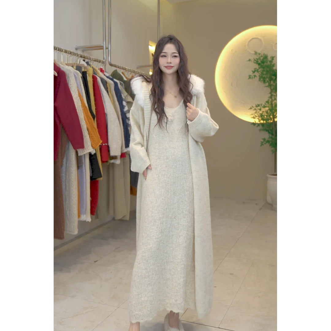 桔子甜了2024秋冬新款毛毛领显瘦遮肉外披时尚休闲针织套装两件套