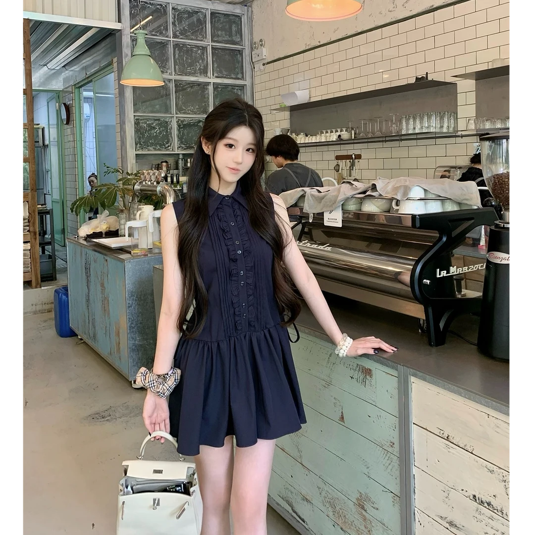 韩系甜美少女2025夏季新款性感木耳边拼接衬衫无袖背心连衣裙短裙