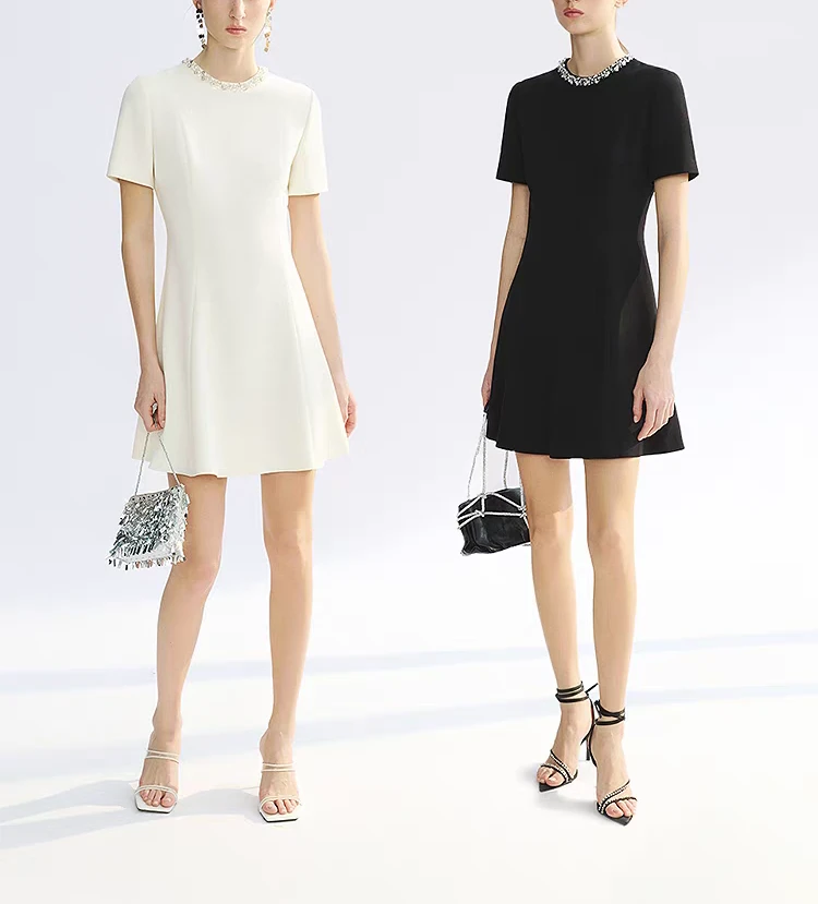 朗家夏季法式短袖收腰小香风连衣裙女小个子高级感短裙LZ005