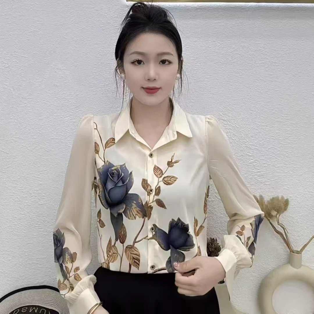 春夏新款衬衫衬衣洋气中年女装时尚妈妈装翻领长袖百搭气质打底衫