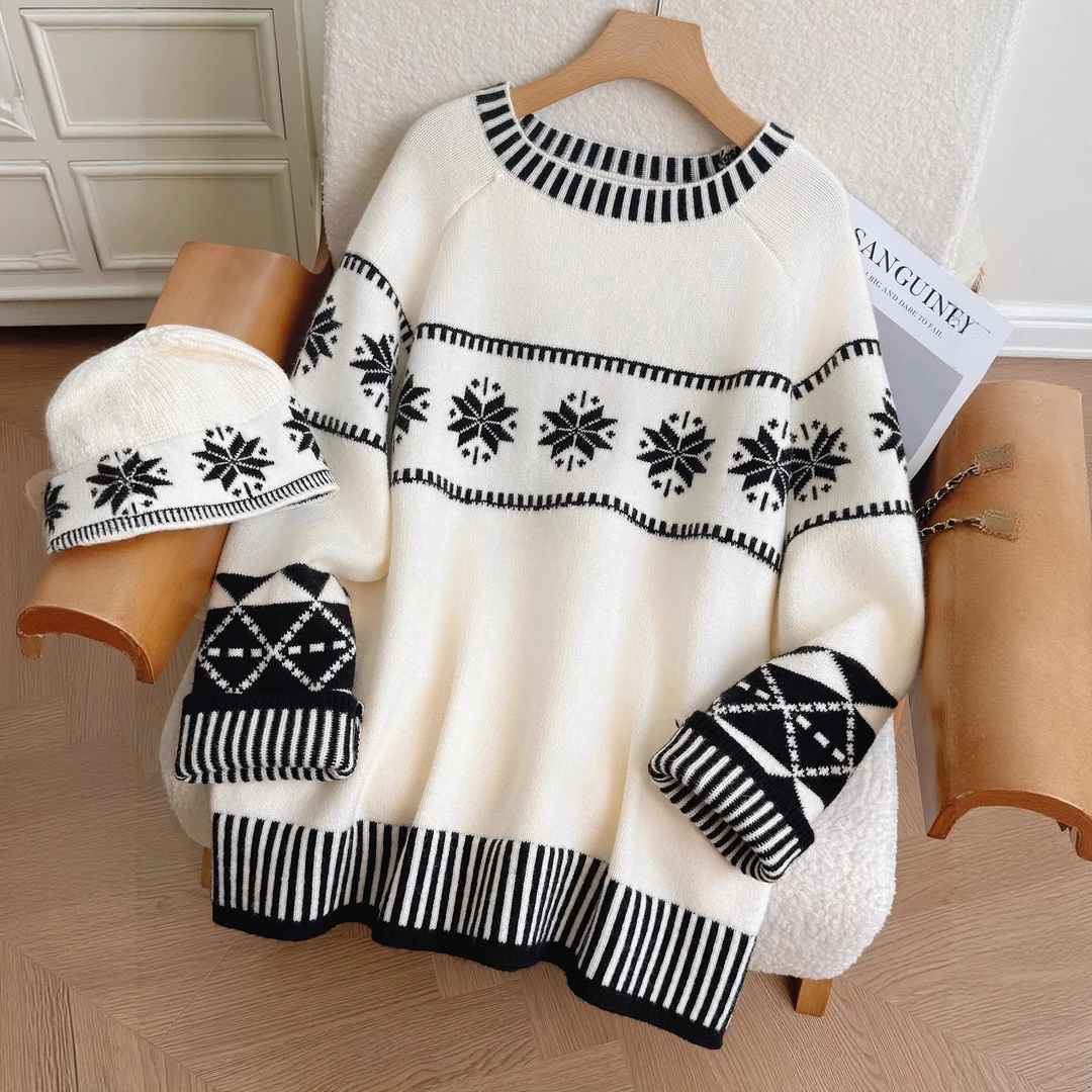 韩系中长款毛衣女冬季新款费尔岛慵懒复古撞色提花圆领针织衫上衣