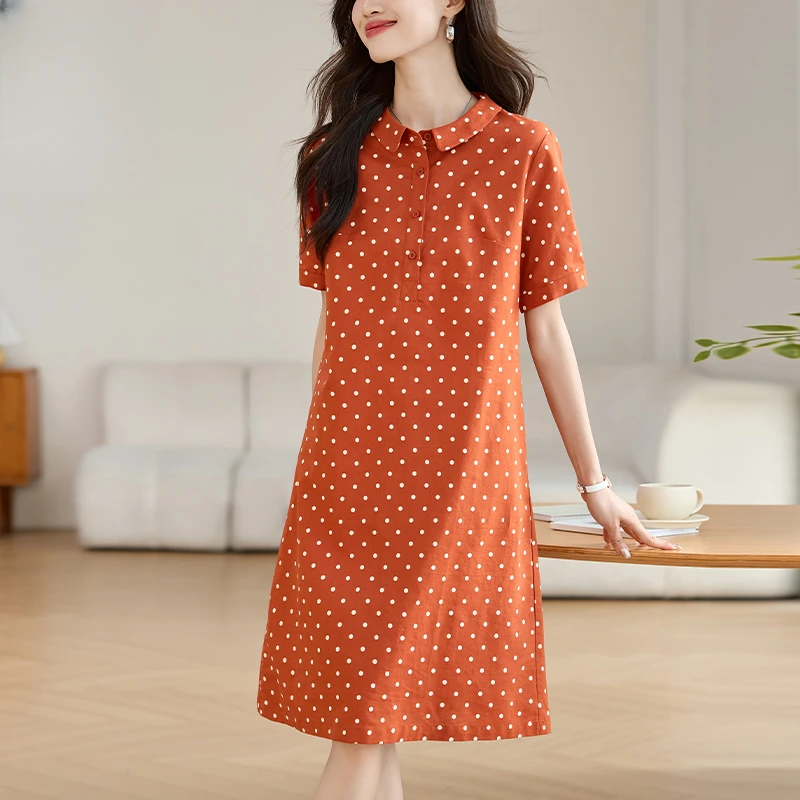 棉麻连衣裙女夏季2025新款宽松洋气妈妈休闲翻领高端亚麻波点裙子