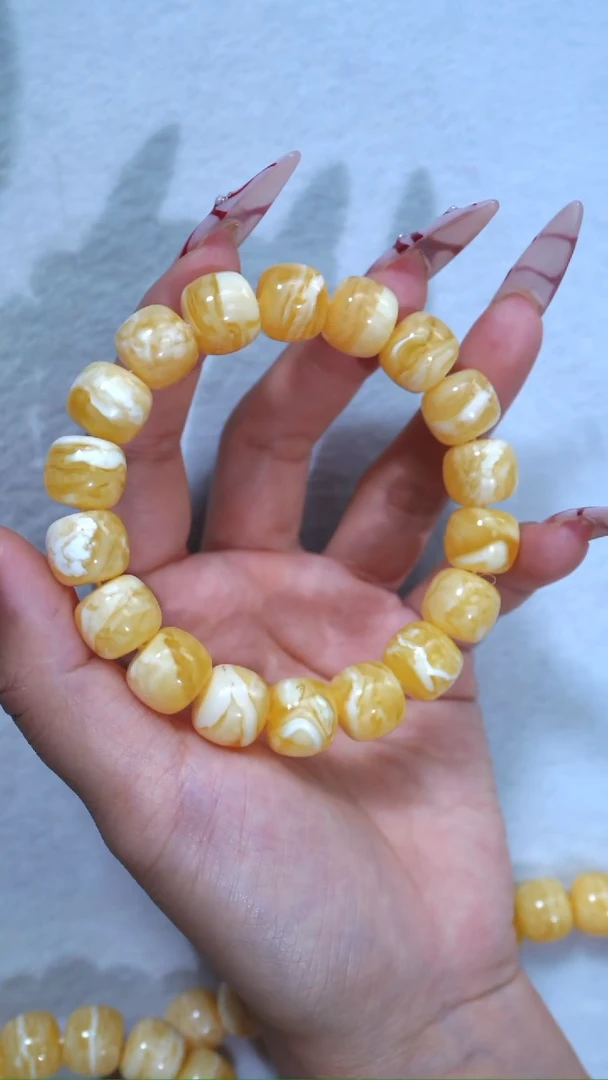 手链琥珀未镶嵌典藏级13.3mm金瓷白虎皮纹妖花