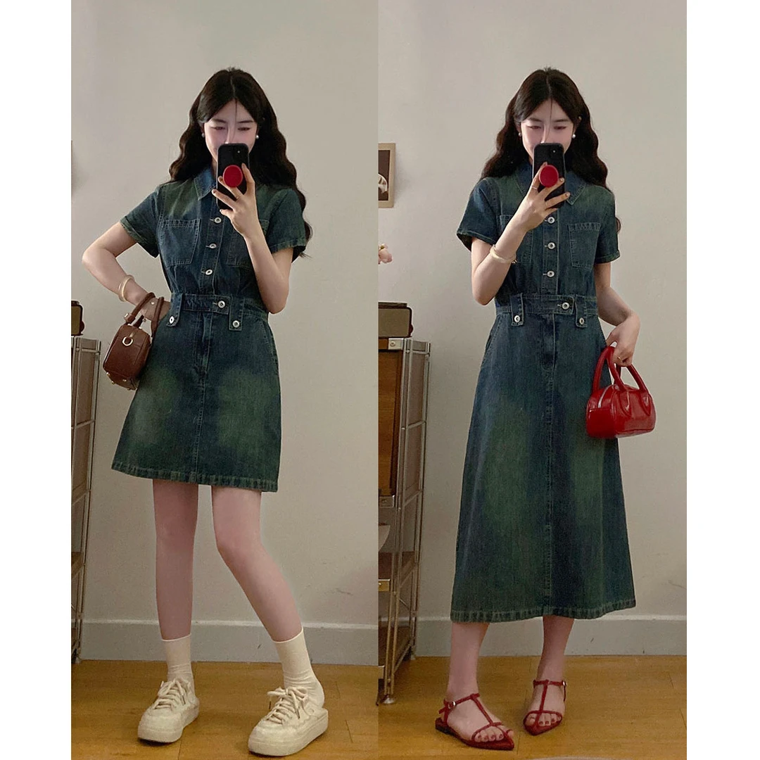 艾薇 大码女装2025夏季新款韩版港风复古设计感显瘦牛仔连衣裙