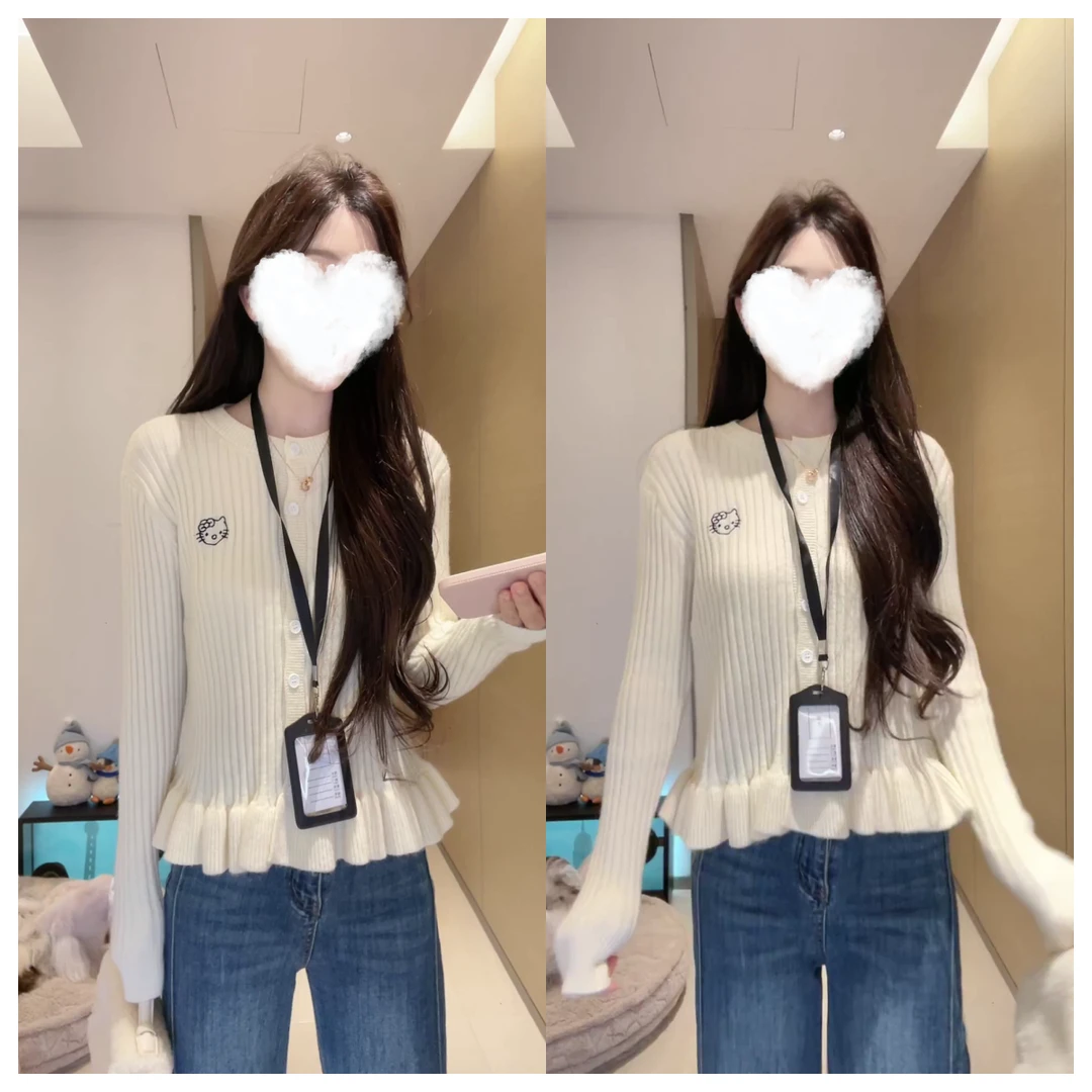 秋季新款简约日常小裙摆设计kitty猫毛针织长袖开衫淑女常规C6529