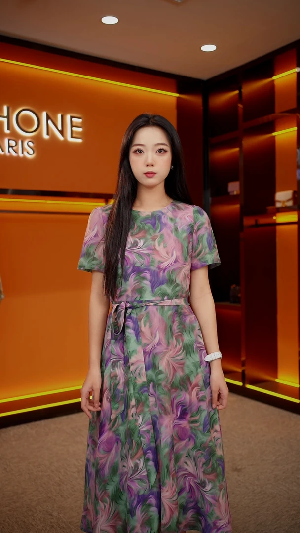 JZ-2025新款气质优雅腰花色时尚印花长裙2