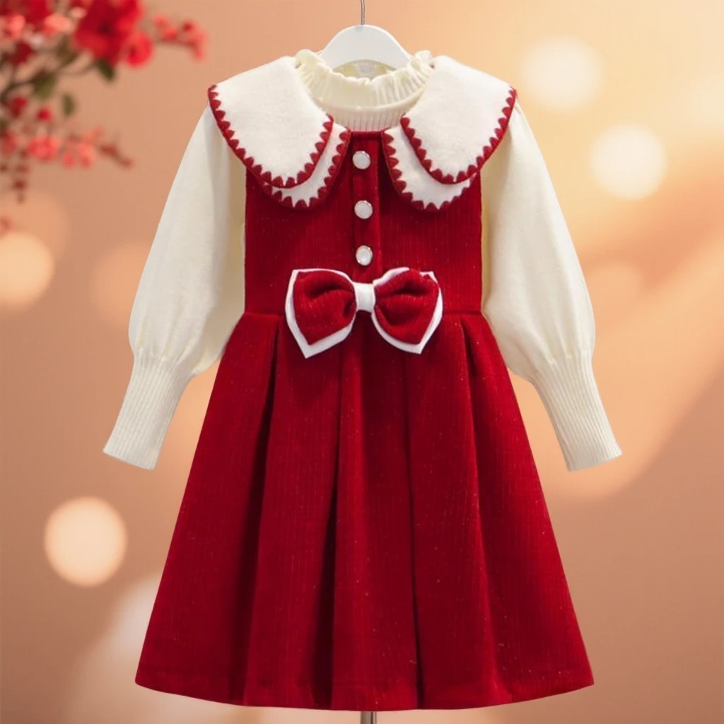 女童秋冬拜年连衣裙2026新款儿童公主裙女孩新年衣服红色套装裙子