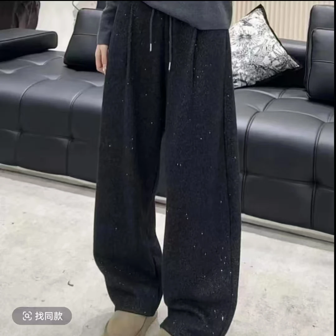 【银河】撒银工艺冬手加绒加厚高腰抽绳显瘦意刀裤