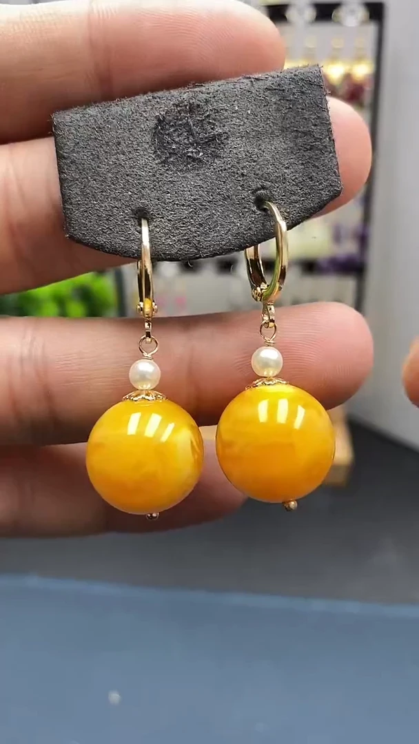 【闪购商品】蜜蜡耳饰银S925镀金镶嵌尺寸16mm耳扣06