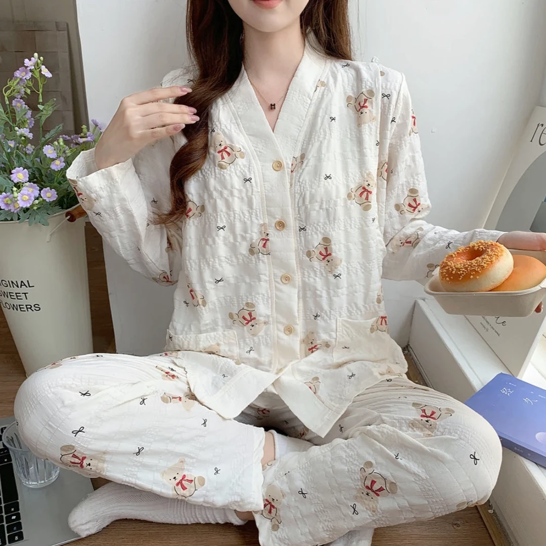 【轻薄皱皱棉纱带胸垫】月子服夏季薄款纯棉产后孕妇哺乳睡衣长袖78