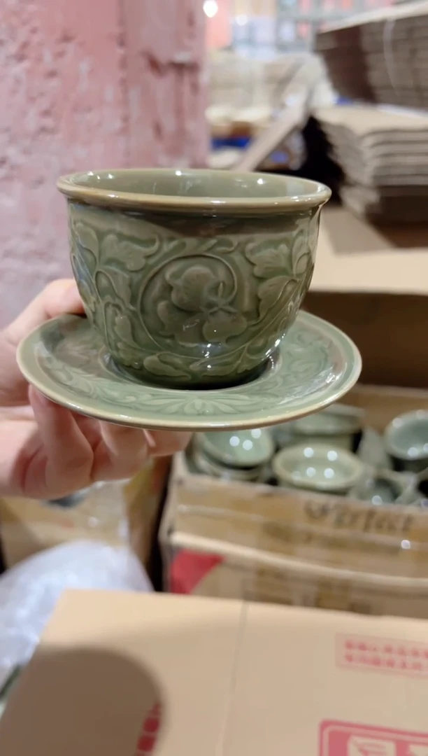 耀州窑牡丹纹缸杯+杯垫