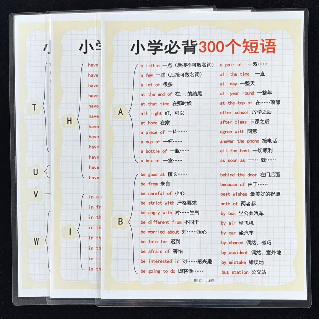 小学英语必背300个短语A4高清塑封教育知识学习背诵好帮手益智卡