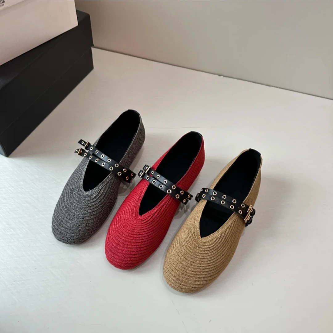 小众圆头手工亚麻草编平底芭蕾单鞋春夏新款