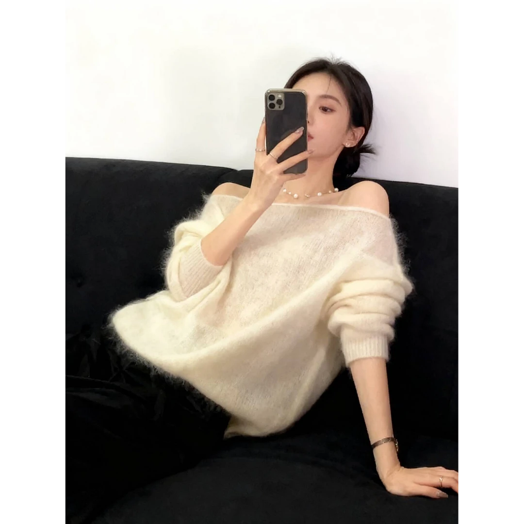 太好看了！斜肩针织衫女秋冬季高级感好看韩系毛衣慵懒风软糯上衣