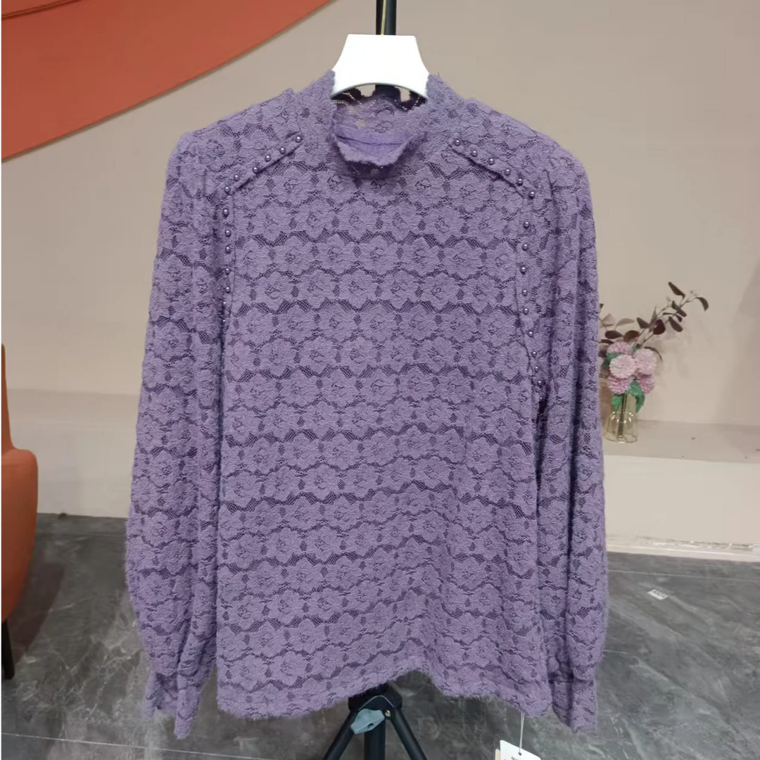 2025春秋新款长袖气质显瘦蕾丝打底衫时尚洋气上衣8263长58