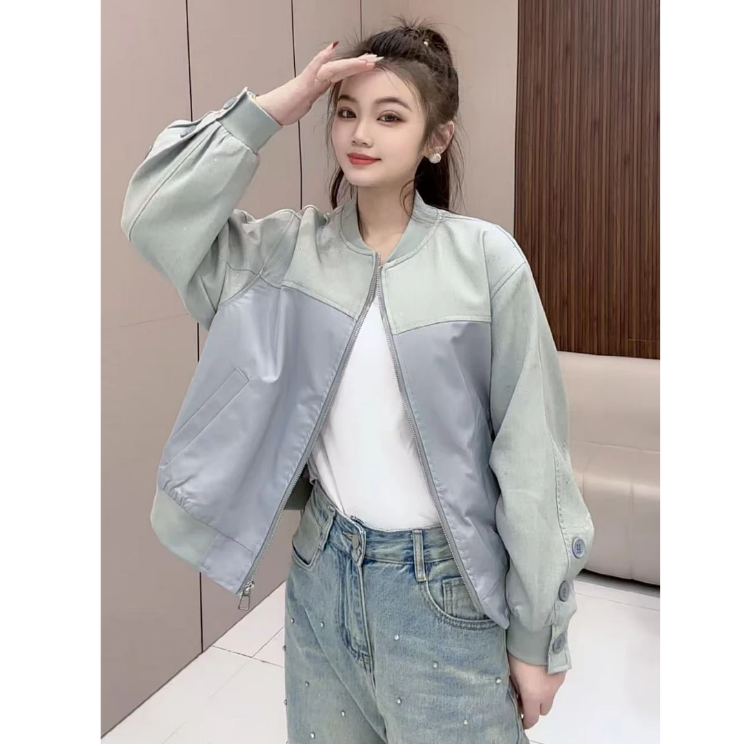 【小雨严选】2025春新款高级感亮晶晶拼接棒球服外套女宽松显瘦夹克
