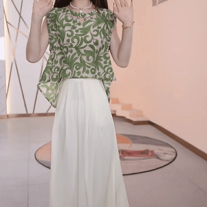 888【上衣+休闲裤】2025夏季新款时尚优雅高端精致印花修身两件套