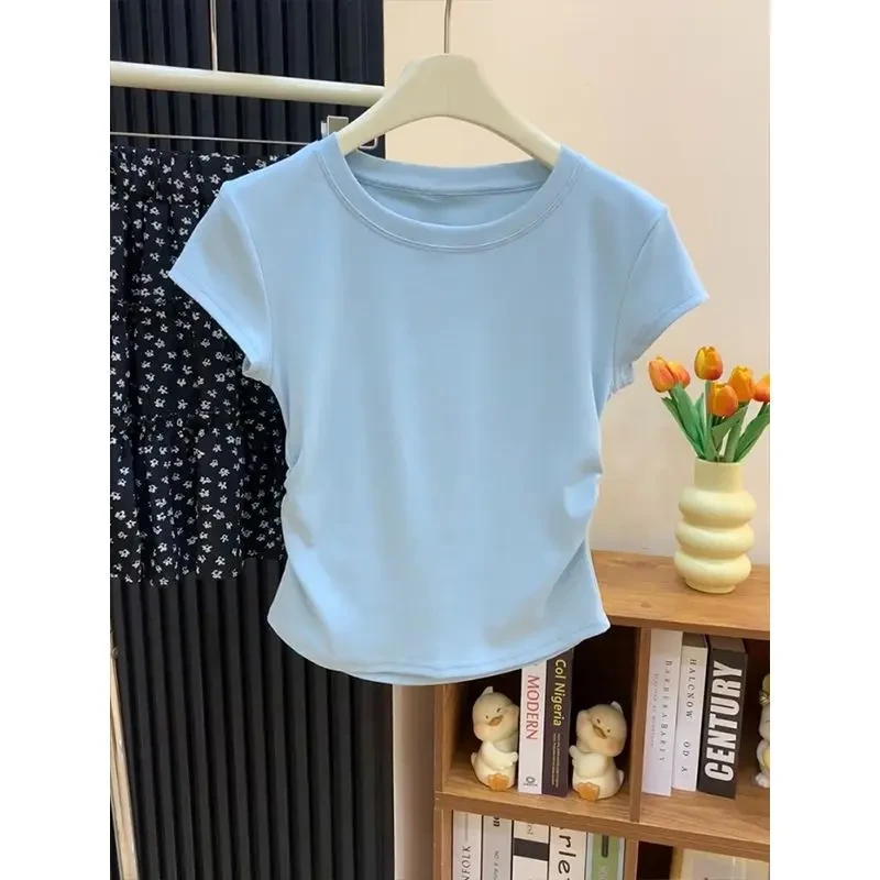 小个子奶蓝色多巴胺纯色T恤2025夏季抽褶掐腰显瘦正肩短袖上衣女