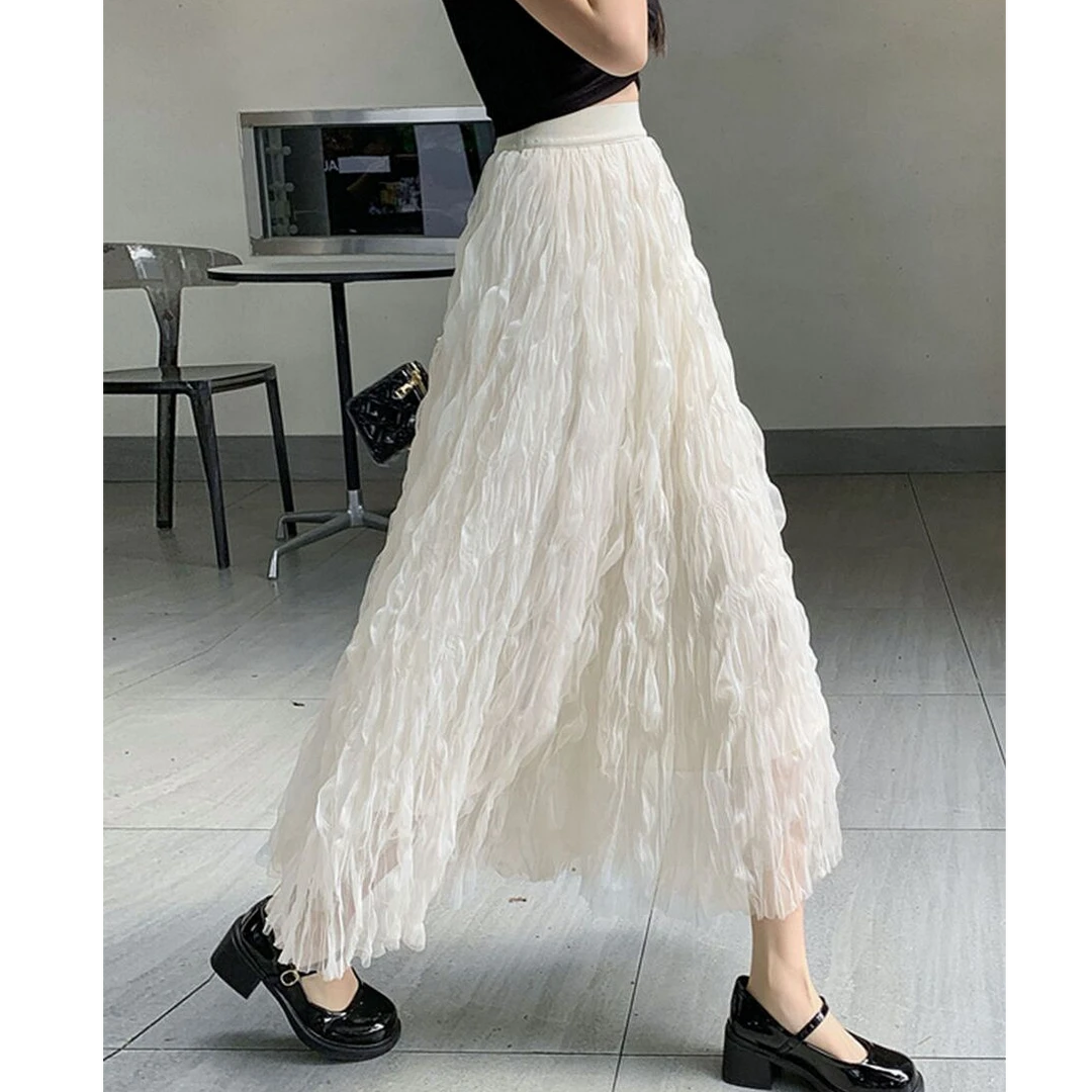 法式气质温柔风高腰半身裙女春夏季新款高级感褶皱网纱裙a字裙