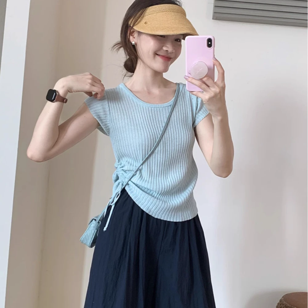 话里甜美气质侧抽绳冰丝短袖2025夏季新款韩版休闲减龄小衫上衣女