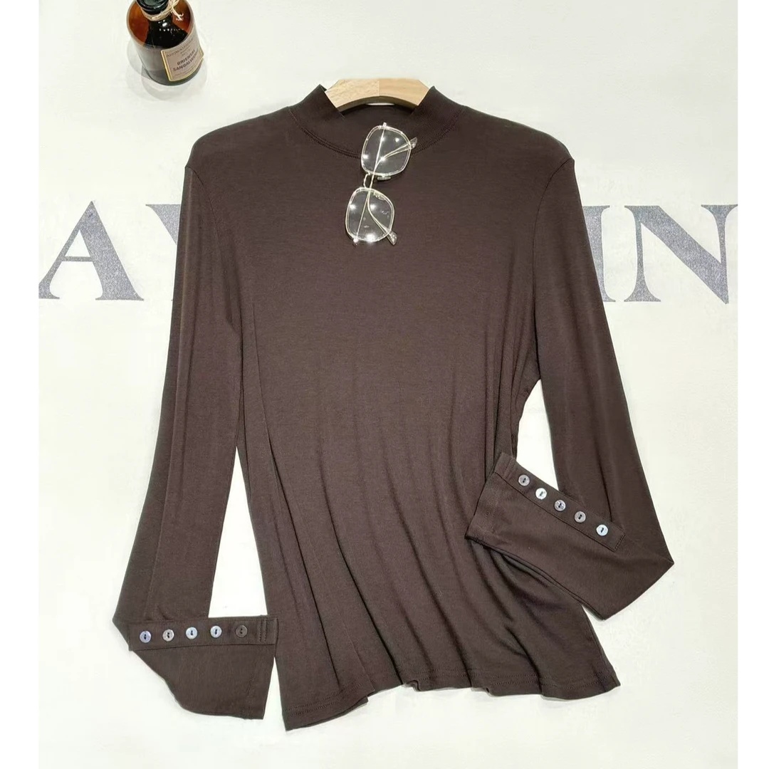 [68岁小姐姐]秋冬半高领袖口纽扣天丝羊毛慵懒风长袖T上衣UJ 921