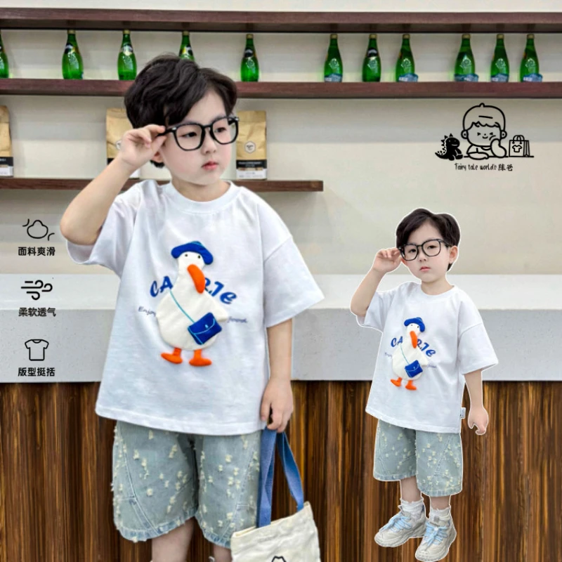 2025夏装新款韩版宽松短袖T恤中大童白色半袖上衣可爱小鸭子洋气