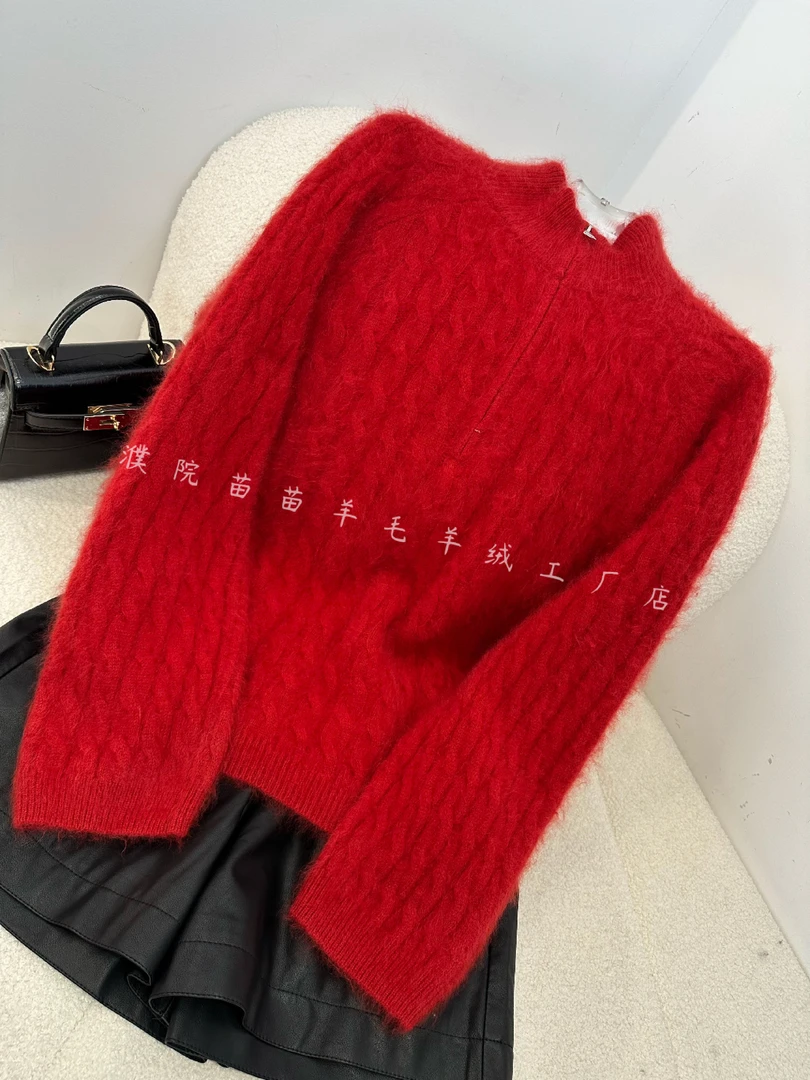 【苗苗.SCJ6027】冬季新款时尚休闲竖麻花半拉链山羊绒拉绒