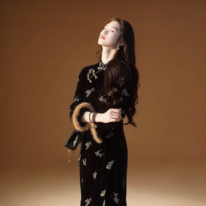 【雨墨】新中式改良超仙旗袍2024秋冬款温柔文艺复古风收腰连衣裙