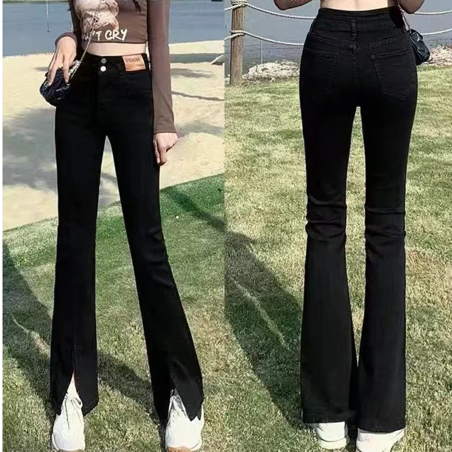 时尚气质高腰弹力直筒显瘦开叉喇叭裤5025